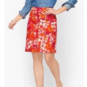 Talbots Tossed Flowers Bold Pink Orange Floral Print Canvas A-Line Short Skirt